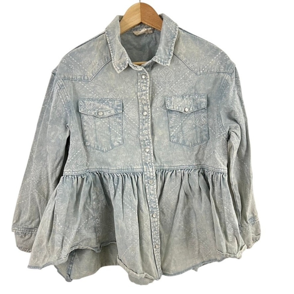 Dress Up Peplum Shirt Women Small Paisley Denim Western Acid Wash Snap Front